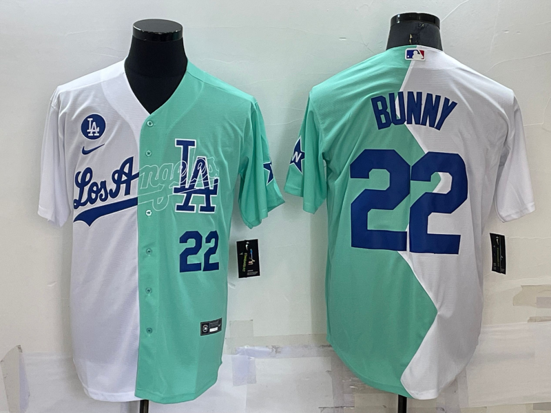 Men's Los Angeles Dodgers #22 Bad Bunny 2022 All-Star White/Green Cool Base Stitched Baseball Jersey Men's Los Angeles Dodgers #22 Bad Bunny 2022 All-Star White/Green Cool Base Stitched Baseball Jersey